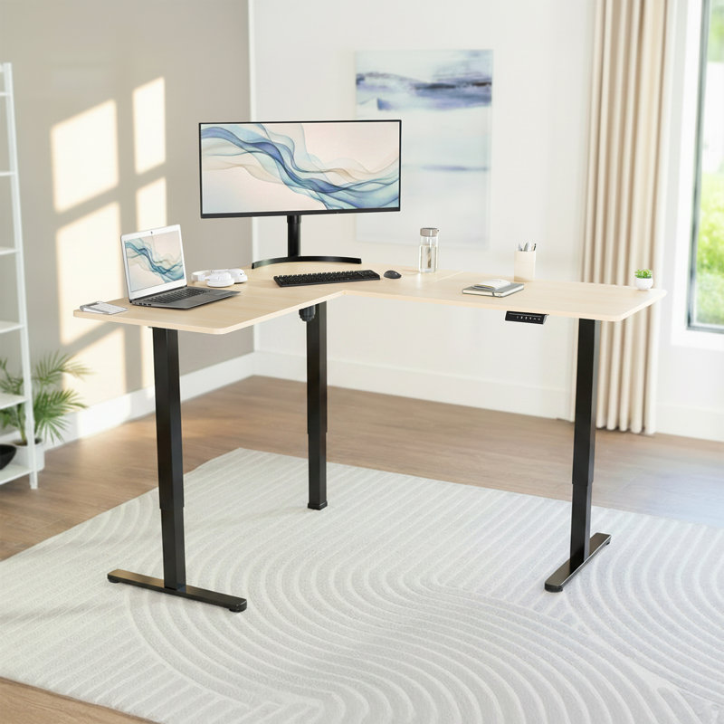 VIVO Electric Corner Standing Desk, Light Wood/Black, 55" x 63"