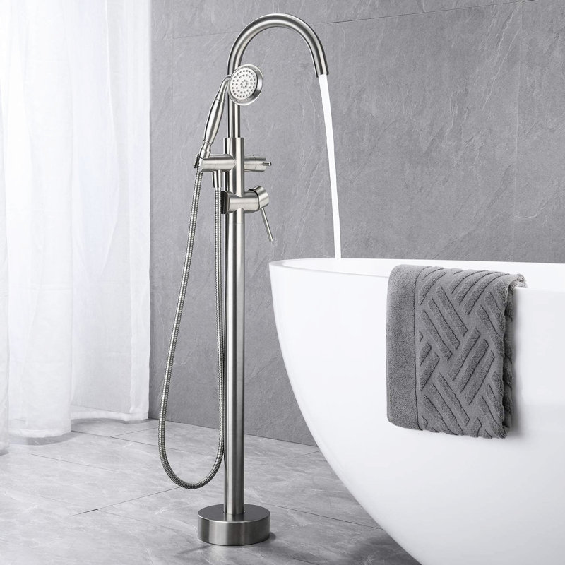 Floor Mounted Tub Shower Faucet In Brushed Nickel - Meet Your Various Bathroom Demands Filler With 2.5 Gpm Hand Flow Rate For Efficient Use