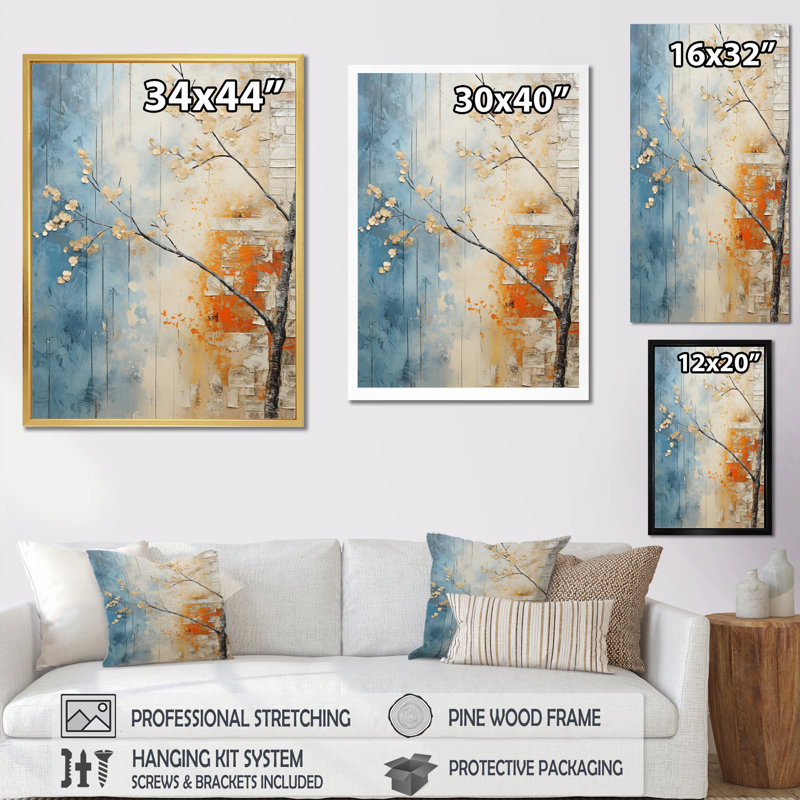 Érable orange sarcelle brillant braise VI sur toile, H 32 po x l 16 po x P 1 po, Cadre flottant blanc