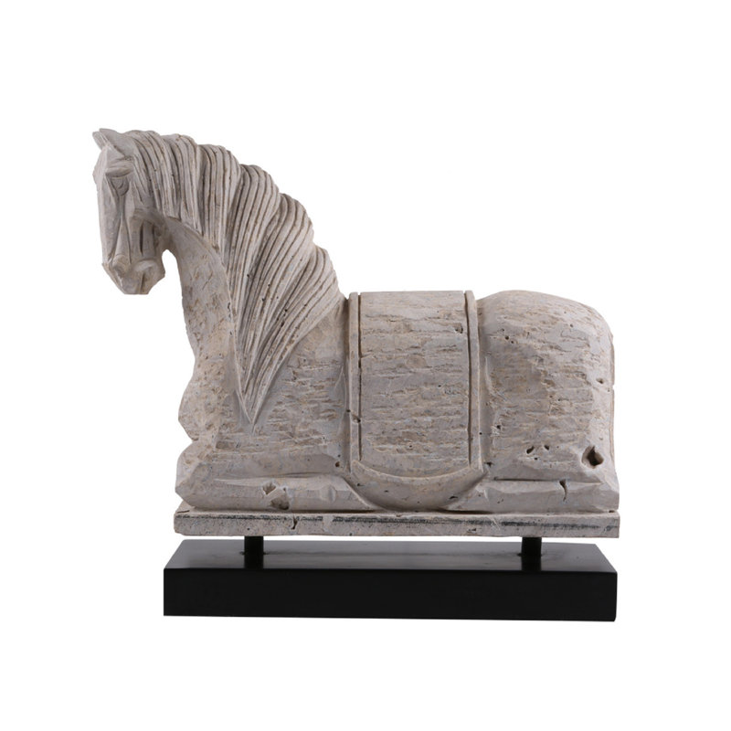 Figurine de cheval travertin en pierre naturelle avec base en bois noir