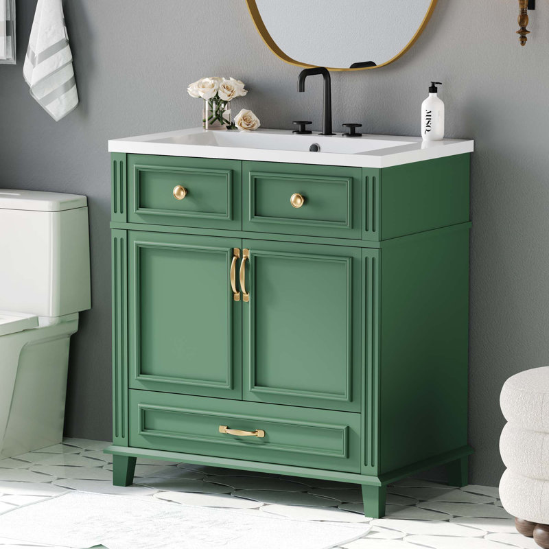Meuble-lavabo de 30 po avec lavabo en résine, armoire de rangement en bois massif avec portes à fermeture douce, style rétro
