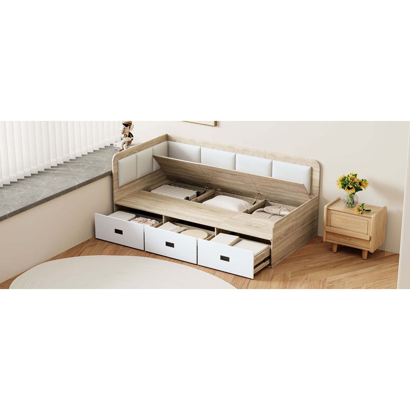 Lit de jour avec trois tiroirs et trois compartiments de rangement, Lit simple, Beige + naturel