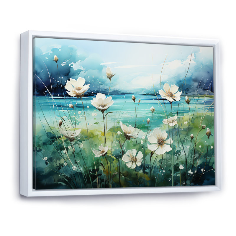 «Misty Flower Meadows II», reproduction sur toile, Cadre flottant blanc, H 34 po x l 44 po x P 1,5 po