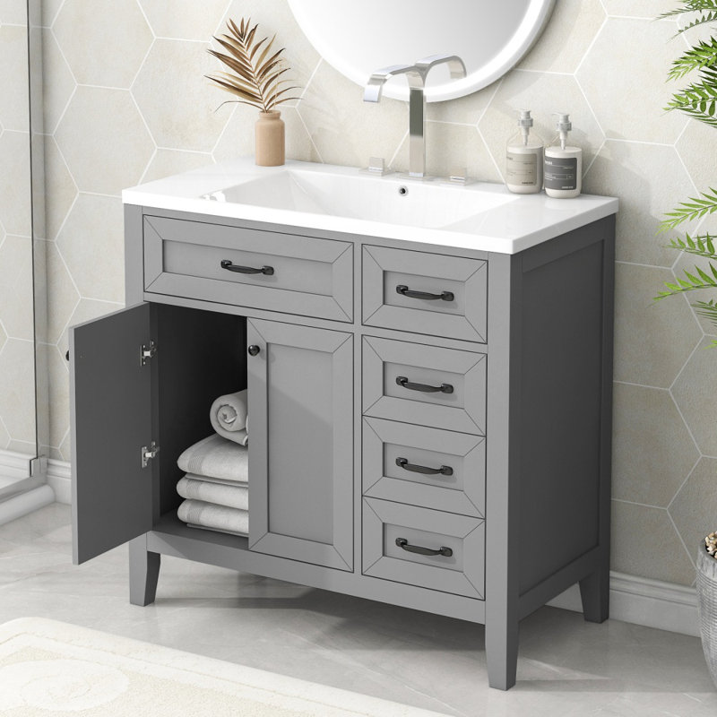Armoire de salle de bain 36 po avec lavabo et tiroirs 36 po, Noir, noir, noir, noir, Gris