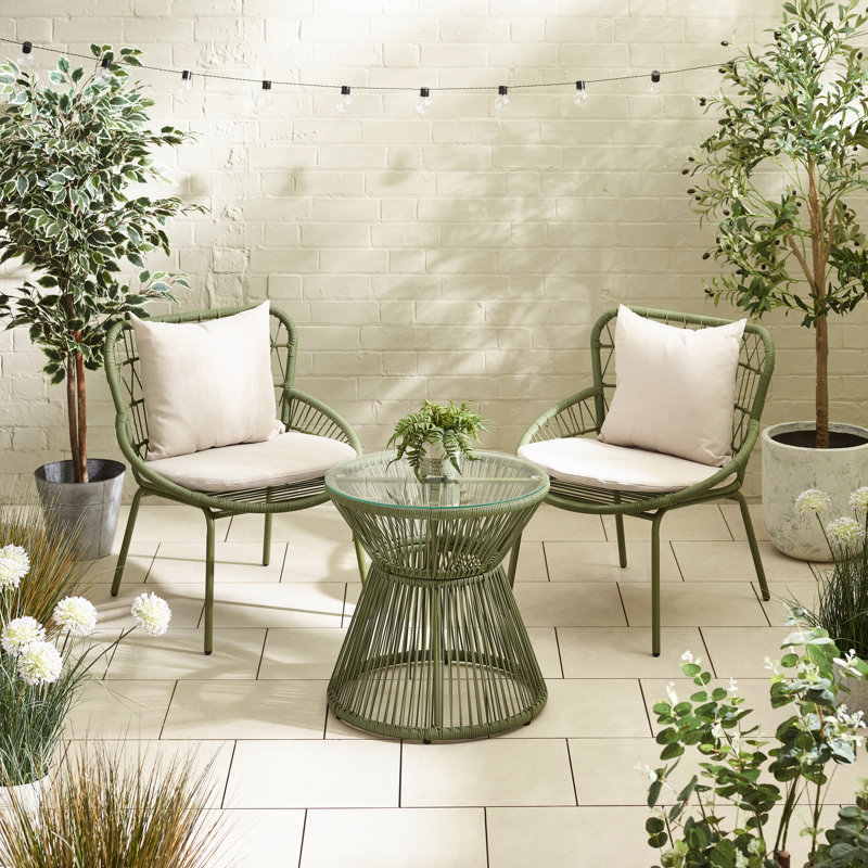 Zumba Garden Metal & Rattan Dining Table Set With 2 Seat Dining Chairs - Garden Bistro Table Set