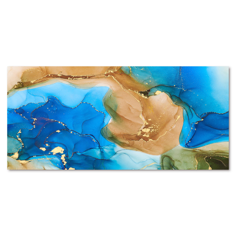 «Brown and Blue Luxury Abstract Fluid Art I», reproduction sur toile, H 28 po x l 60 po, Toile tendue