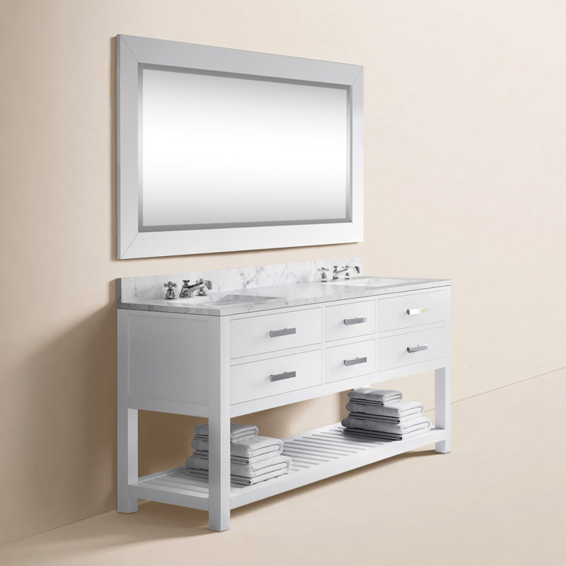 Parmer 72" Carrara White Marble Countertop Bath Vanity with Mirror, Blanc pur, Mirror Included