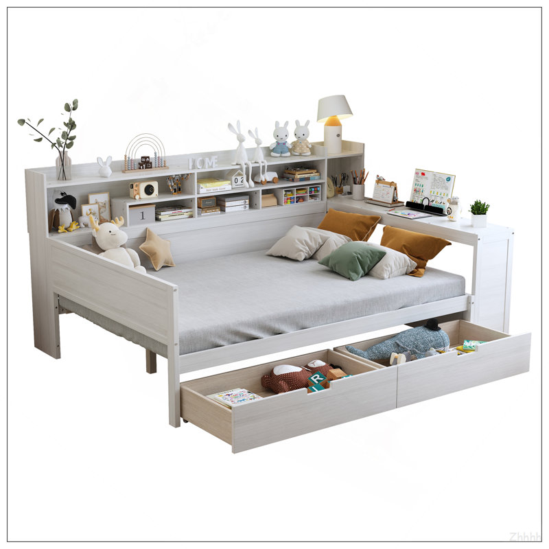 Lit de jour double en bois avec tablettes de rangement, lit multifonctionnel avec deux tiroirs de rangement et bureau d'étude, blanc antique