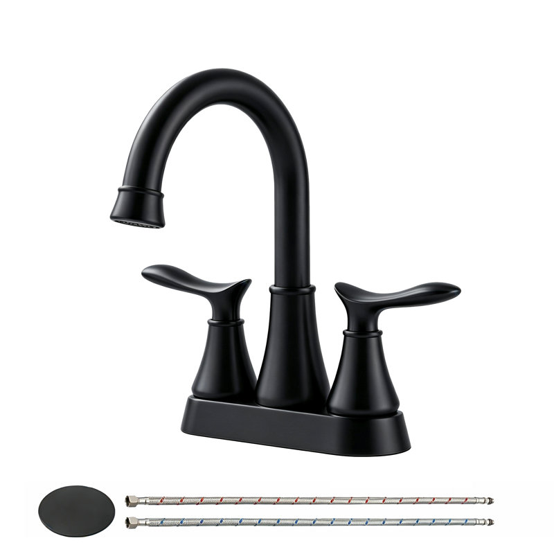 Robinet de lavabo de salle de bain à poignée double 4 po avec drain escamotable et conduites d'alimentation, Noir mat