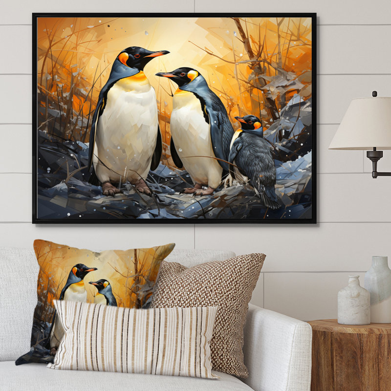 Multicolor Geometric Penguins Journey II - Animals Wall Art Living Room, Cadre flottant noir, H 34 po x l 44 po x P 1,5 po