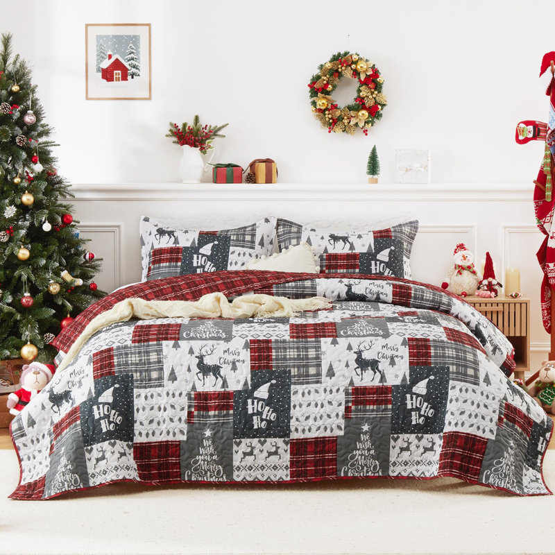Ensemble de courtepointe réversible en patchwork à carreaux de Noël, 90 x 96 po