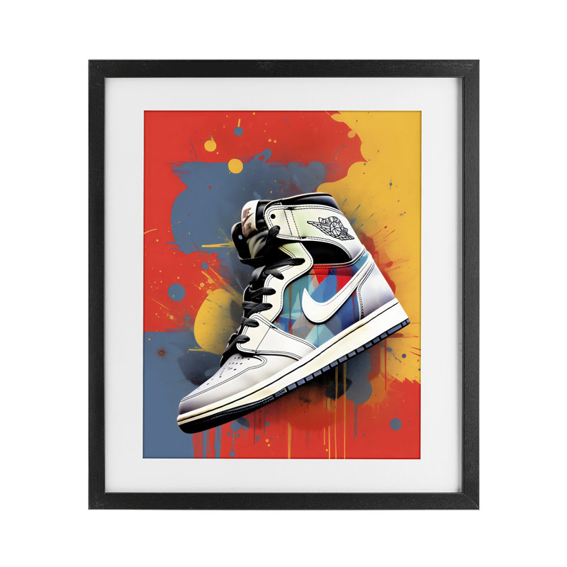Chaussure avec fond à blocs de couleurs, reproduction encadrée sous verre, design by Creative Studio, H 21 po x l 17 po