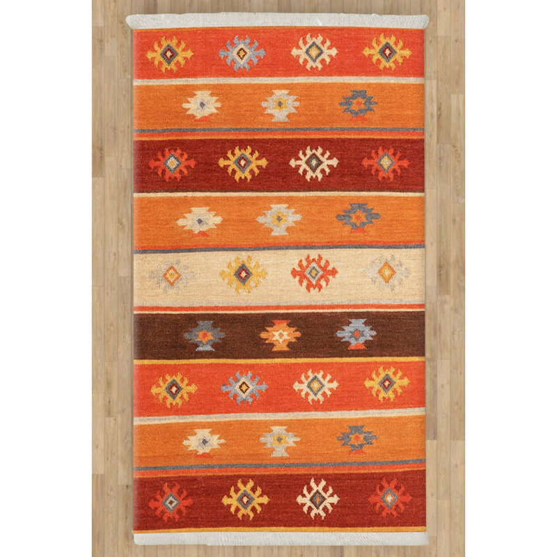 Tapis orange / crème en polypropylène Kilim, Rectangle 2 pi 6 po x 4 pi 11 po