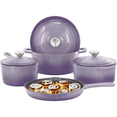 7 Piece Enameled Cast Iron Cookware Set, Heavy Duty Pots And Pans With Durable Enamel Finish, Cast Iron Kitchen Cookware Collection, Purple