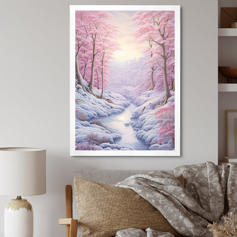 Kawaii paysage rivière d'hiver, Cadre simple blanc, H 20 po x l 12 po x P 1 po
