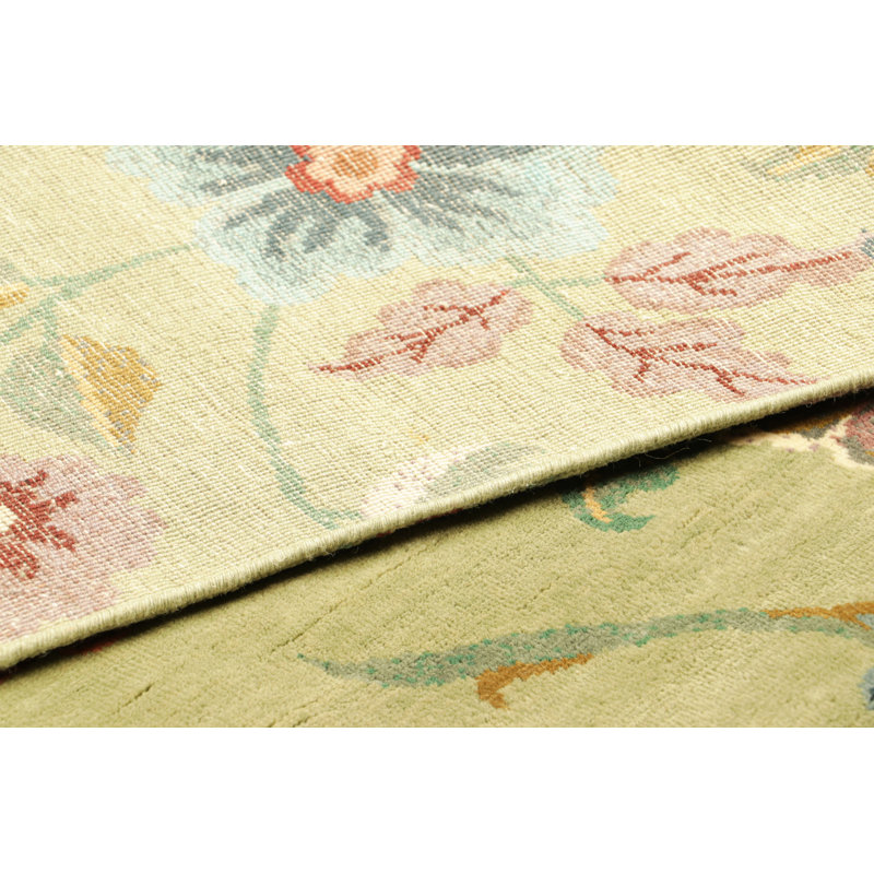 Rug & Kilim’S Chinese Art Deco Square Rug In Green With Colorful Floral Patterns, Rectangle 10' x 14'