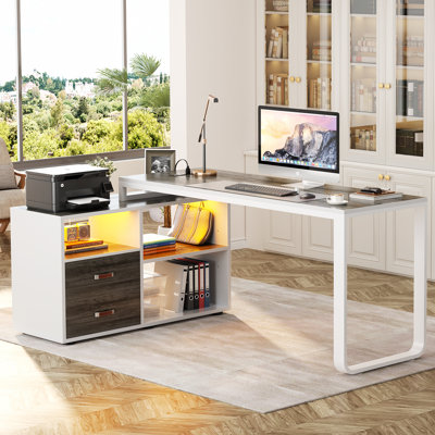  Bureau d'ordinateur en forme de L de 157 cm avec tiroir à dossiers suspendus et éclairage DEL