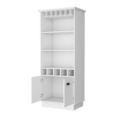 White Bar Cabinet With Functional Layout - 3 Shelves, 5 Bottle , Glassware Organizer Updated For Organization Shelf