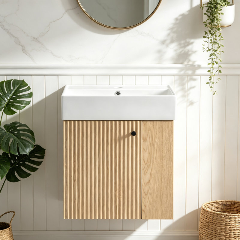 Meuble-lavabo flottant moderne 21,6 po avec lavabo en céramique, Bois