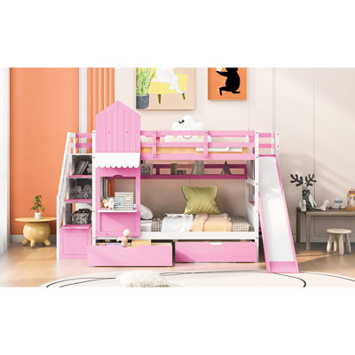 Lit superposé Twintwin de style rose, construction, espace supplémentaire pour lit de style chambre à coucher, glissade, tiroirs et tablettes, sans sommier