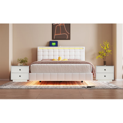 3-Pieces Bedroom Sets Queen Size Upholstered Bed With LED Lights -  Orren Ellis, 78AAB101AFA8433ABA1B539C17D4C992