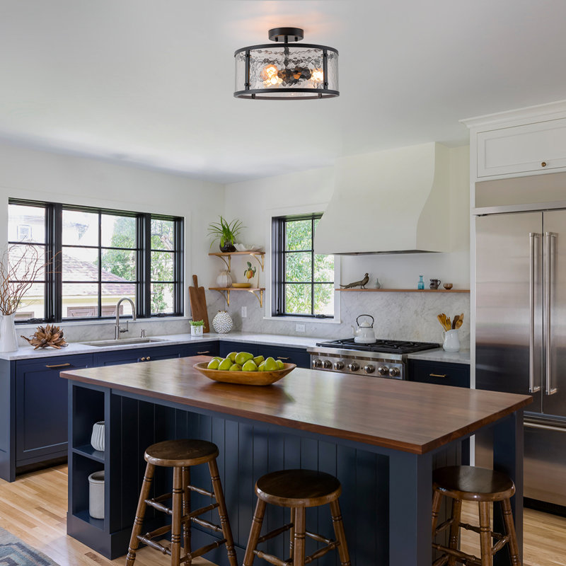 3-Light Hammered Glass Drum Semi Flush Mount