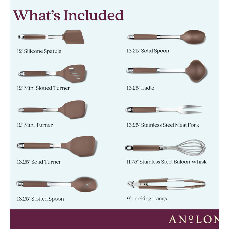 Anolon Tools and Gadgets SureGrip Nylon Nonstick Kitchen / Cooking Utensil Set, 10 Piece, Bronze