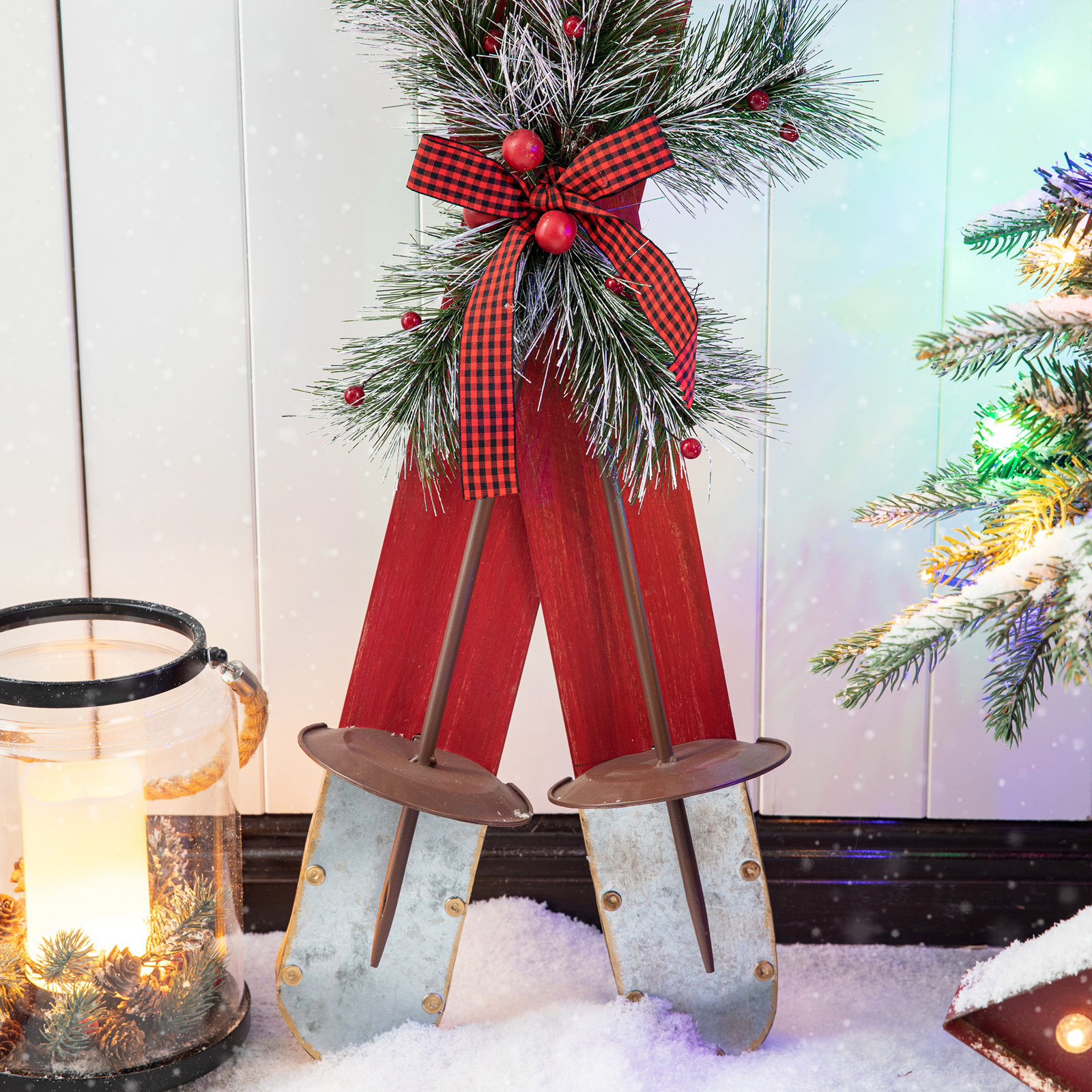 Wood and Galvanized Ski Holiday Accent, Red