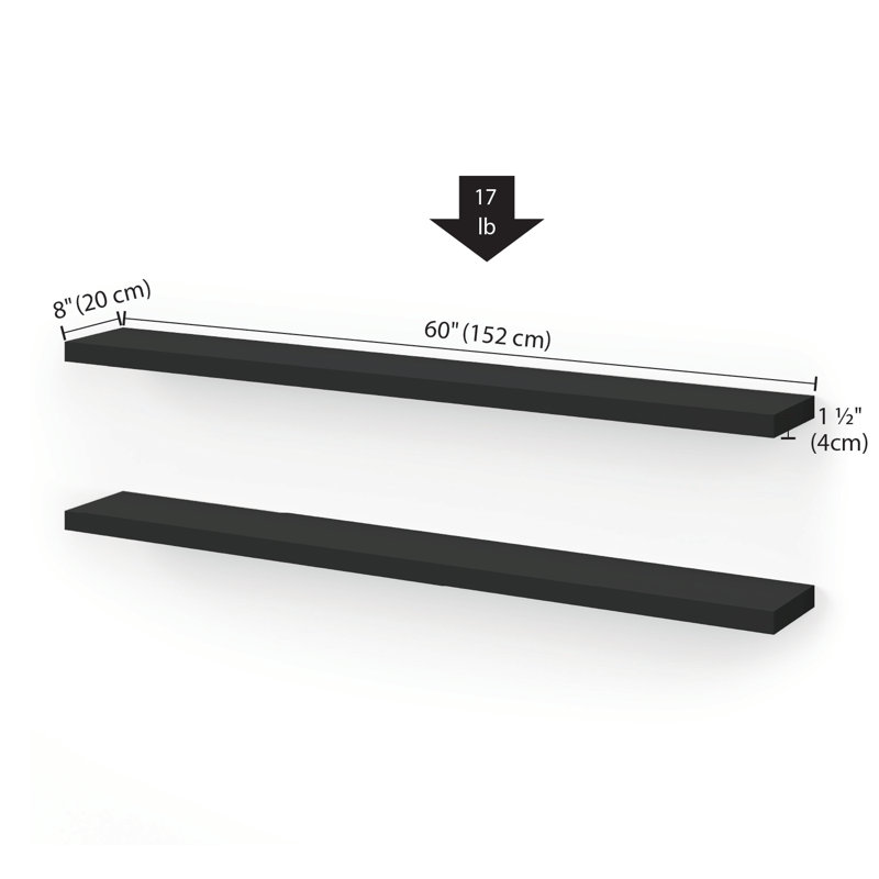 Miami 60" W x 8" D Floating Shelves Set with Invisible Wall Mount Brackets, Black