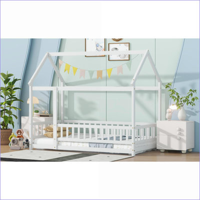 Twin Size Rubber Wood Platform Floor Bed with Roof Frame &amp; Guardrails, No Box Spring Needed, White