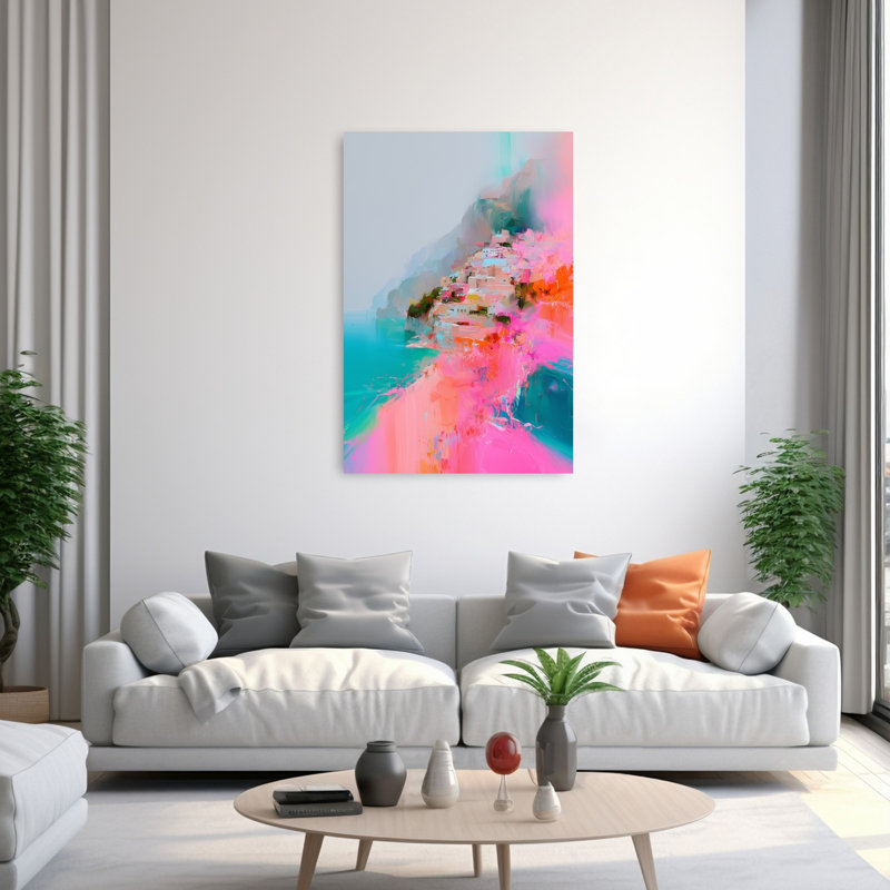 «Vibrant Cliffside Village», impression d'art mural côtier coloré, H 60 po x l 40 po