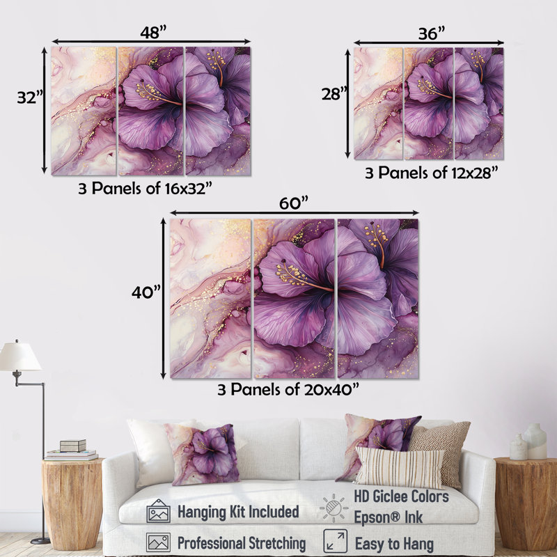 Adarrion - ensemble d'art mural hibiscus, H 28 po x l 36 po, Toile tendue, Ne s’applique pas