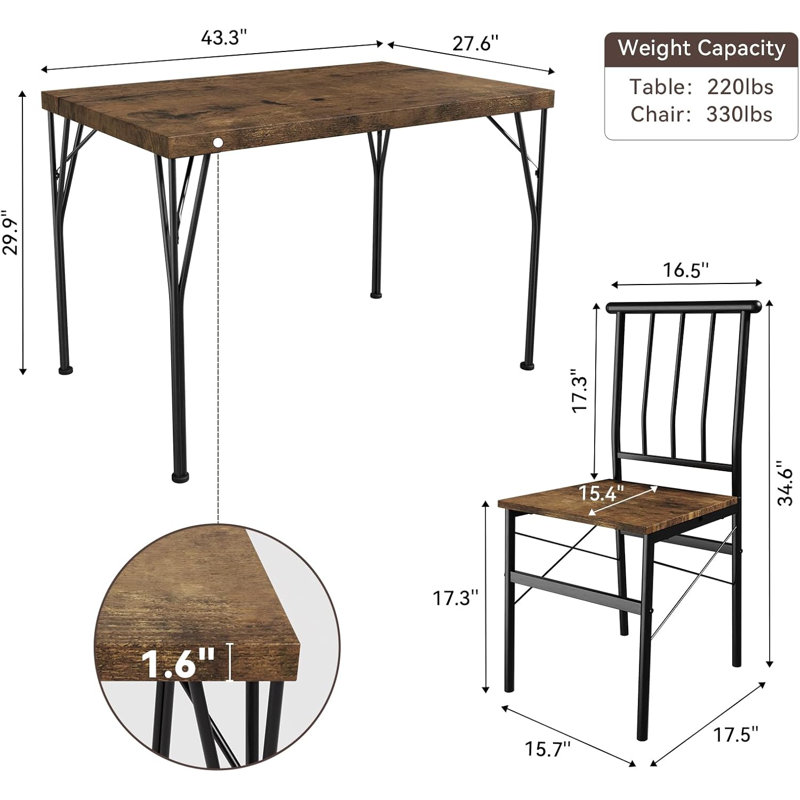 Ensemble de table de salle à manger pour 4 personnes, petite table de cuisine et chaises avec plateau en bois et pieds en métal, ensemble de table de salle à manger compact pour les appartements, robuste et peu encombrant
