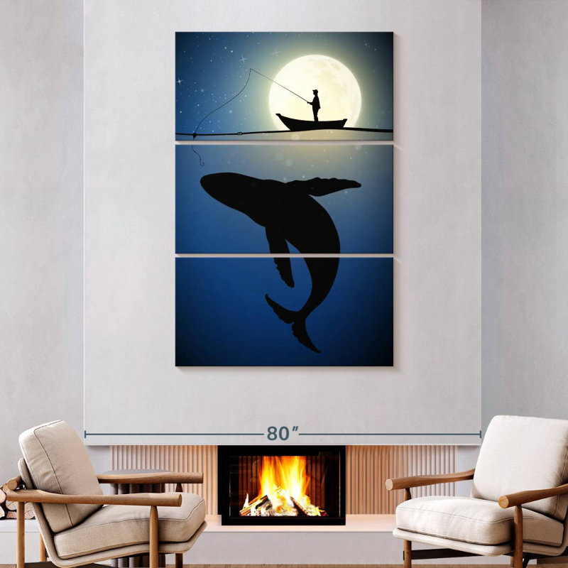 Pêche à la baleine au clair de lune Senne, H 74 po x l 48 po