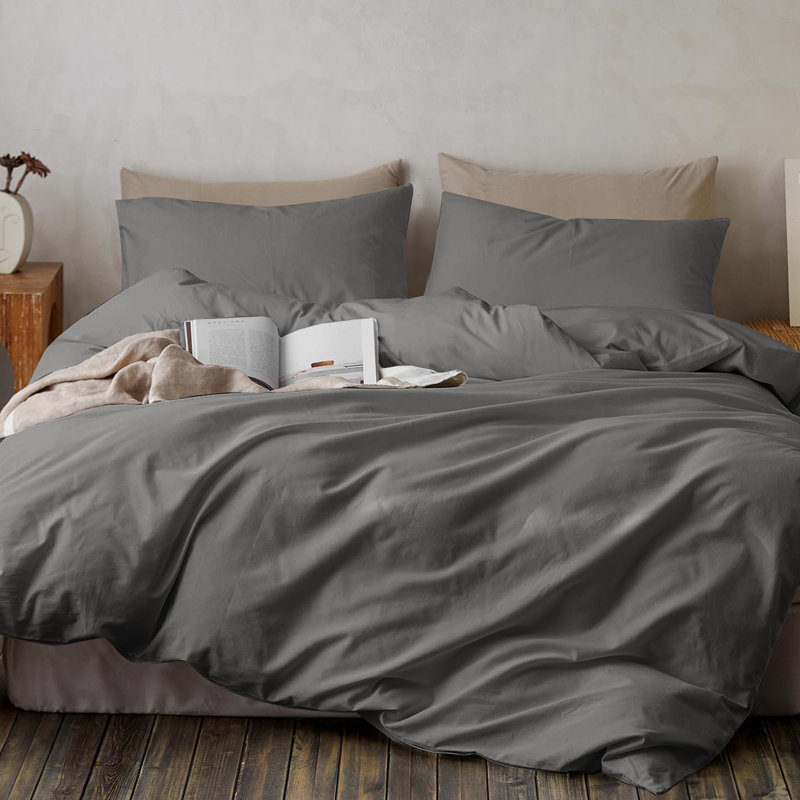 My Home Store Fridi Microfiber Reversible Duvet Cover Set , Double Duvet Cover + 2 Standard Pillowcases, Dark Grey