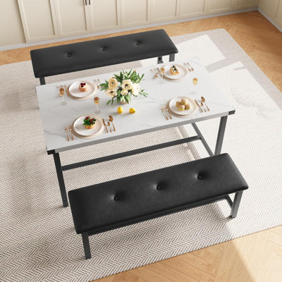 3-Piece Farmhouse Dining Table Set for 4, Rectangular Kitchen Table with 2 Upholstered Benches, Space Saving Furniture for Apartment & Small Spaces, White