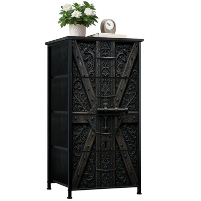 Dresser for Bedroom with 4 Storage Drawers Ornate Black Gothic Metal Door Symmetrical Floral Scrollwork Riveted Dressers Chest of Drawers Steel Framed Fabric Closet Organizers for Dorm Entryway