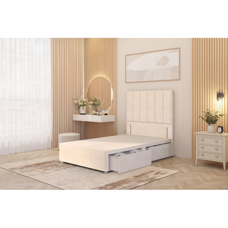 Asterin Divan Bed Base with 54" Floor Standing Headboard Plush Velvet, Kingsize (5'), Ivory, 2 Drawers