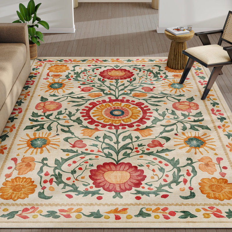 Suzani Beige Floral Chenille Rectangular Washable Area Rug 9'10" x 13'