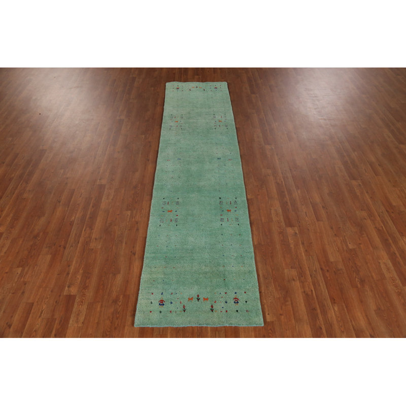 Tapis de couloir vert style tribal Gabbeh 3 x 10