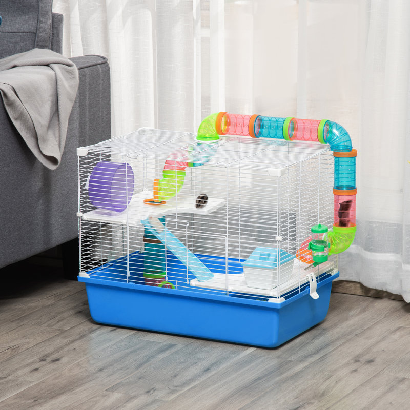 Hamster Cage with Tubes Exercise Wheel Water Bottle Food Dish - Blue