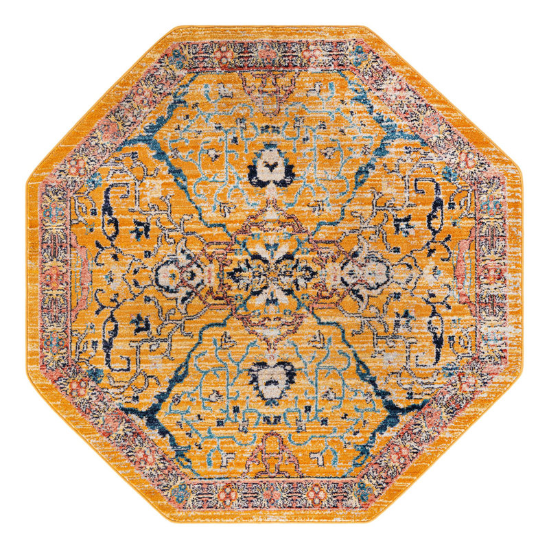 Tapis jaune / bleu / rouge Indigo, Octogone 5 pi x 5 pi