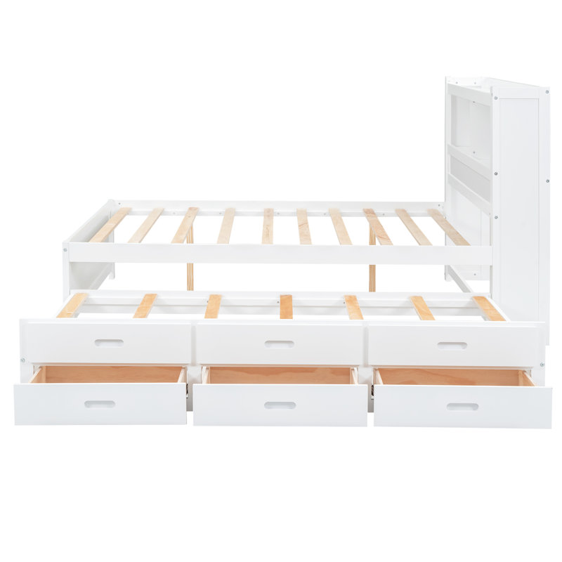Lit plateforme double avec lit gigogne, tiroirs et solutions de rangement pour la tête de lit, Blanc