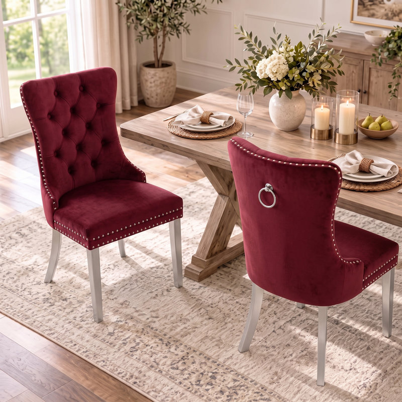 Chaise de salle à manger moderne en velours avec dossier capitonné et garniture cloutée (lot de 2)