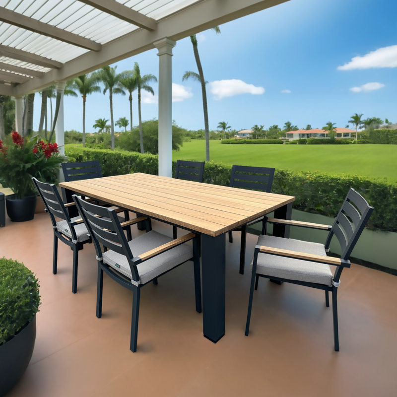 Lakehouse 7-Piece Black Aluminum Outdoor Dining Set with Rectangular Table and Cushions, Gray