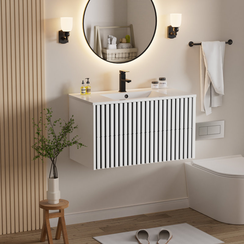 Ensemble de meuble-lavabo mural 36 "avec lavabo, robinet et bonde Amily, Blanc/Noir
