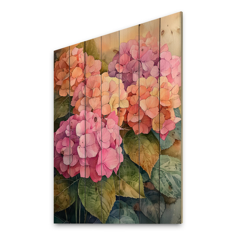 Hortensias au coucher du soleil, lueur III - Art mural en bois d'hortensias - sur bois de pin naturel