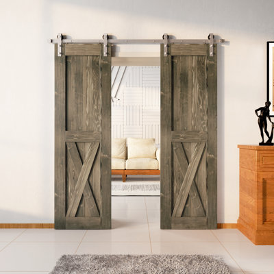 Porte en X en bois de pin non assemblé avec quincaillerie d'installation en nickel brossé Ki