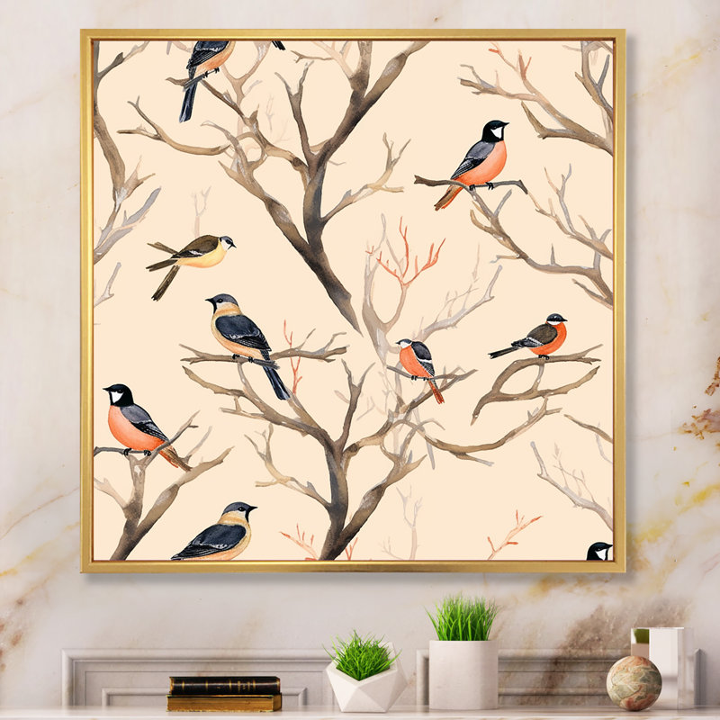 «Little Birds On The Tree Branches», reproduction d'art sur toile, H 30 po x l 30 po x P 1 po, Cadre flottant doré