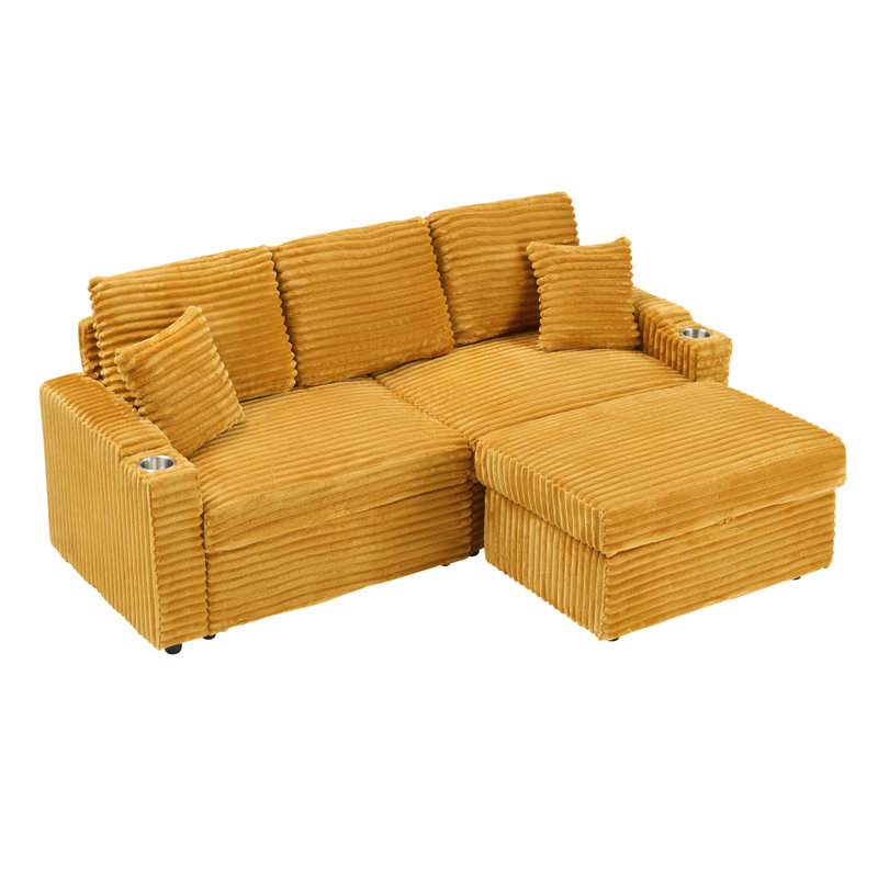 (Repose-pieds) Canapé multifonctionnel en velours côtelé 80 po avec inclinaison cachée, conception peu encombrante, accoudoirs, porte-gobelets et repose-pieds amovible, orange